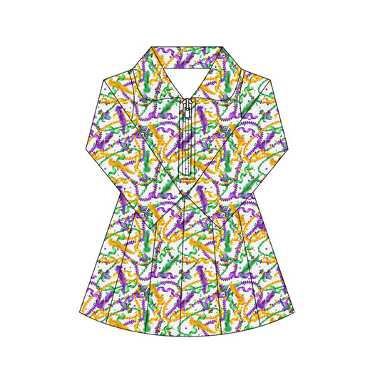 MOQ 5 preorder GLD1414 Mardi Gras Colored Ribbon Zipper Collar Long Sleeve Yoga Dresses for Girls 202510