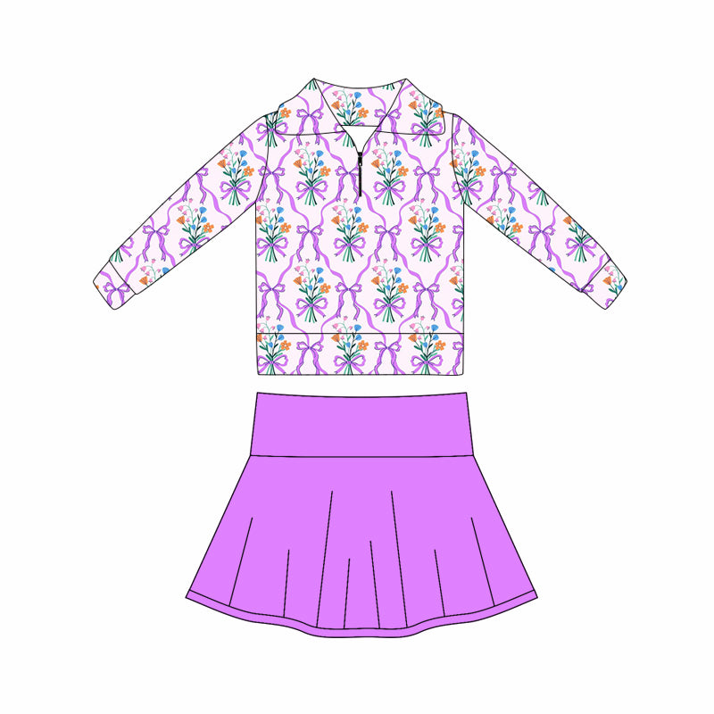MOQ 5 preorder GLD1416 Flower Bows Purple Zipper Collar Long Sleeve Skirts Girls Yoga Sets 202510
