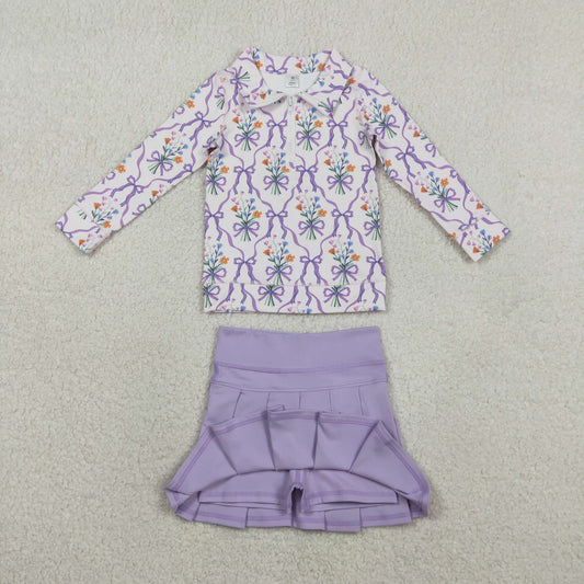 GLD1416 Flower Bows Purple Zipper Collar Long Sleeve Skirts Girls Yoga Sets 202601 RTS