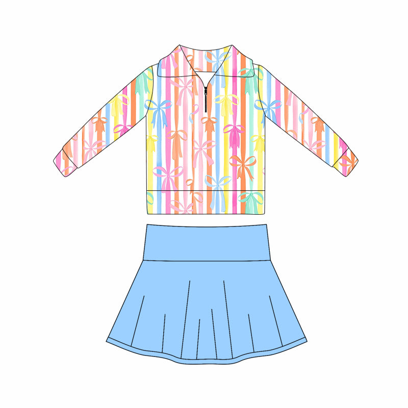 MOQ 5 preorder GLD1419 Colored Bows Stripe Zipper Collar Long Sleeve Solid Blue Skirts Girls Yoga Sets 202510
