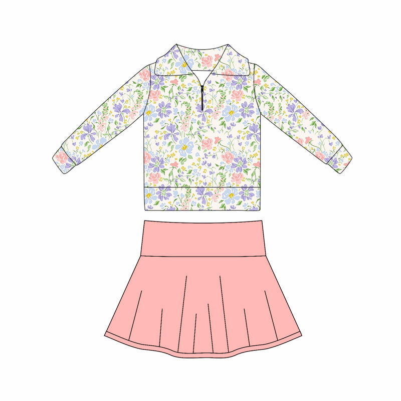 MOQ 5 preorder GLD1420 Flower Leaf Zipper Collar Long Sleeve Solid Pink Skirts Girls Yoga Sets 202510