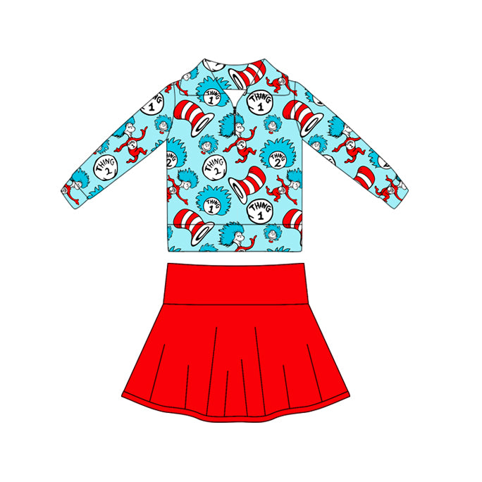 MOQ 5 preorder GLD1422 Dr Seuss Blue Zipper Collar Long Sleeve Solid Red Skirts Girls Yoga Sets 202510