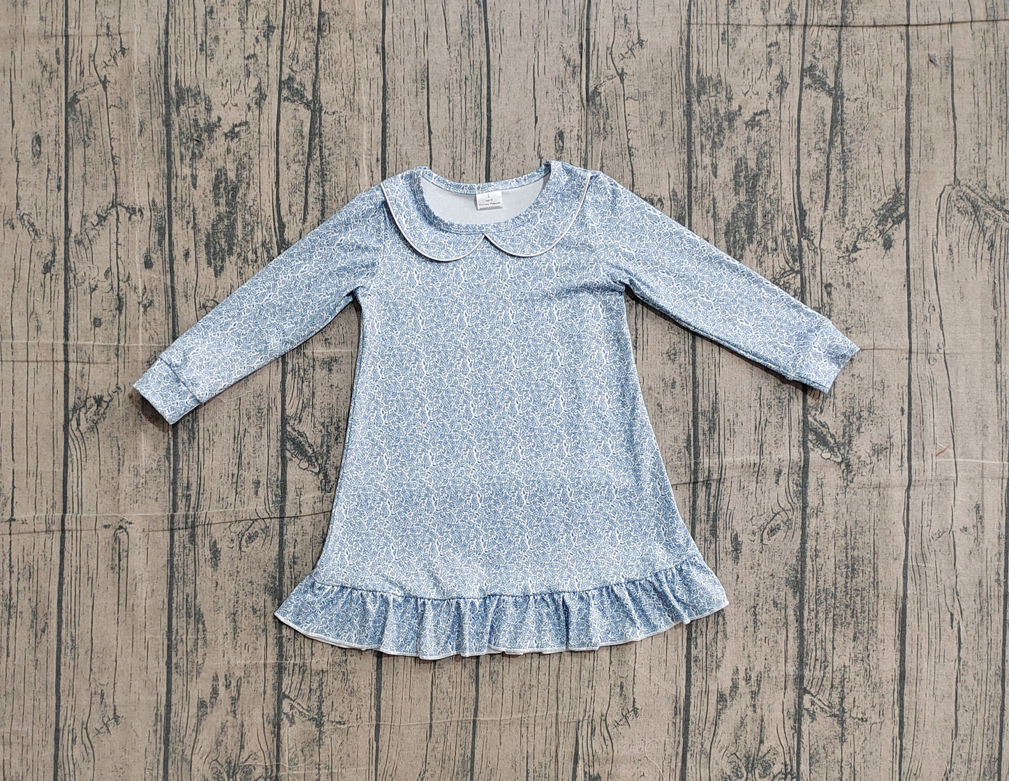 NO MOQ Preorder GLD1424 Blue Floral Doll Collar Long Sleeve Dresses for Girls 202602