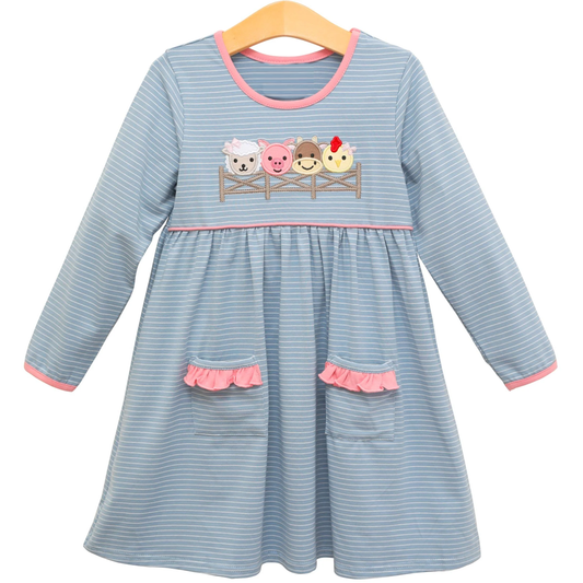 MOQ 5 Preorder GLD1426 Farm Animals Gray Blue Stripe Pink Ruffle Pocket Long Sleeve Dresses for Girls  202510