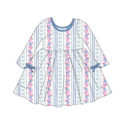 MOQ 5 Preorder GLD1427 Flower Bows Blue Stripe Long Sleeve Dresses for Girls  202510