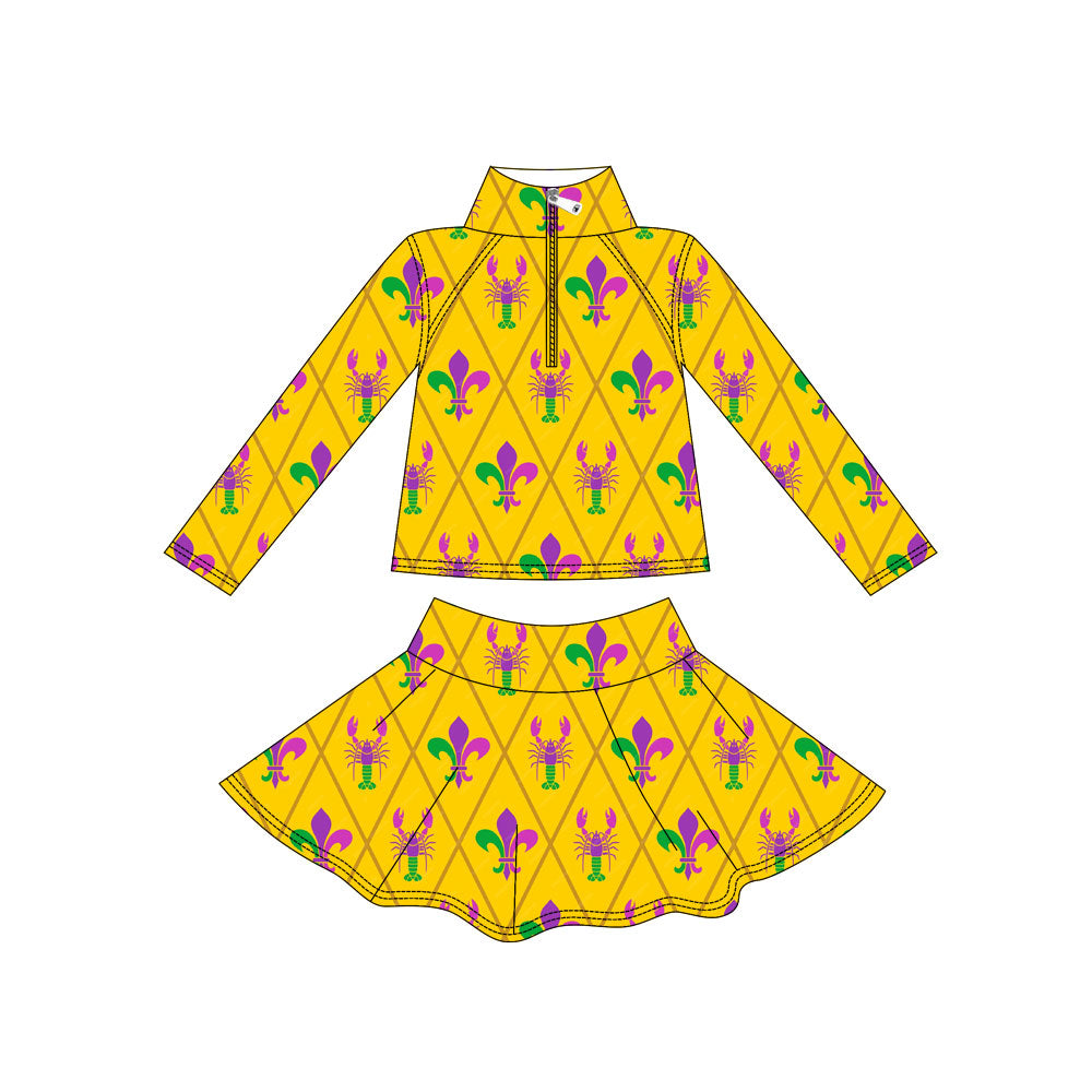 MOQ 5 preorder GLD1433 Mardi Gras Crayfish Yellow Long Sleeve Skirts Girls Yoga Sets 202511