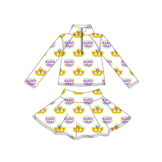 MOQ 5 preorder GLD1434 Mardi Gras Mask White Long Sleeve Skirts Girls Yoga Sets 202511