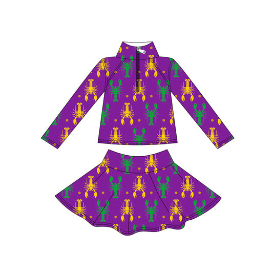 MOQ 5 preorder GLD1435 Mardi Gras Crayfish Purple Long Sleeve Skirts Girls Yoga Sets 202511