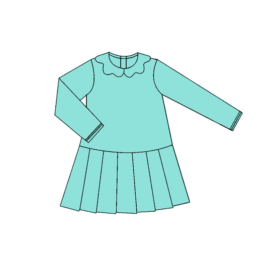 MOQ 5 preorder GLD1452 Solid Blue Green Doll Collar Yoga Long Sleeve Dresses for Girls 202511