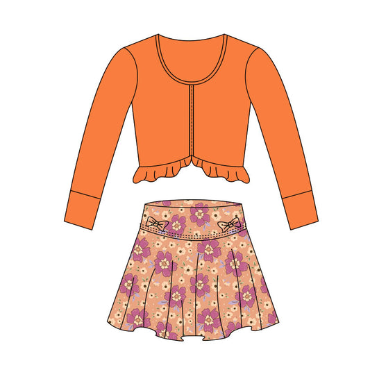 MOQ 5 preorder GLD1460 Solid Orange Ruffle Round Neck Long-Sleeved Flower Skirts Girls Yoga Sets 202511