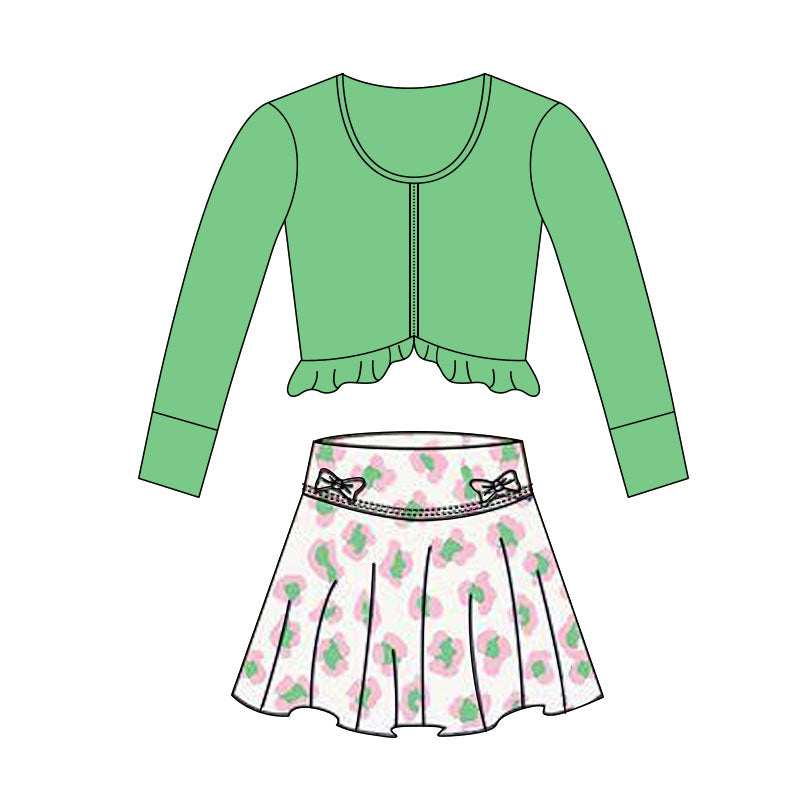 MOQ 5 preorder GLD1463 Solid Green Ruffle Round Neck Long-Sleeved Pink Leopard White Skirts Girls Yoga Sets 202511