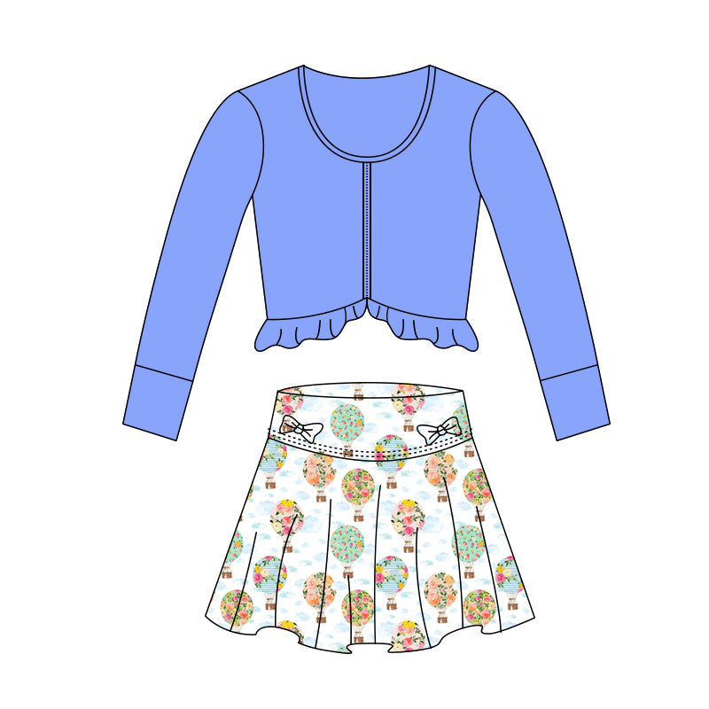 MOQ 5 preorder GLD1464 Solid Blue Purple Ruffle Round Neck Long-Sleeved Floral Hot Air Balloon Skirts Girls Yoga Sets 202511