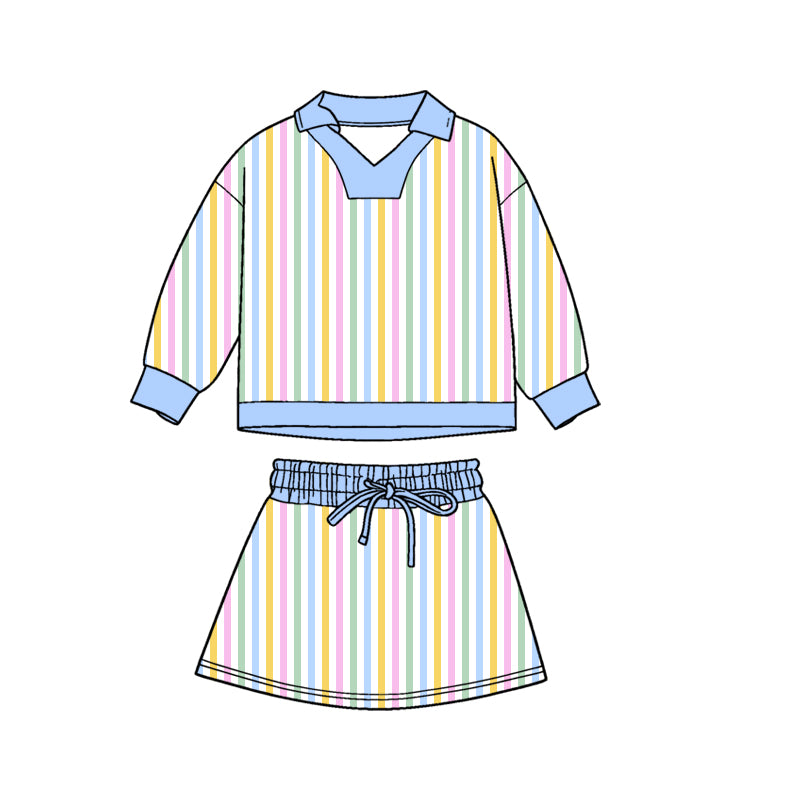 MOQ 5 preorder GLD1465 Colored Stripe Polo Long-Sleeved Skirts Girls Yoga Sets 202511