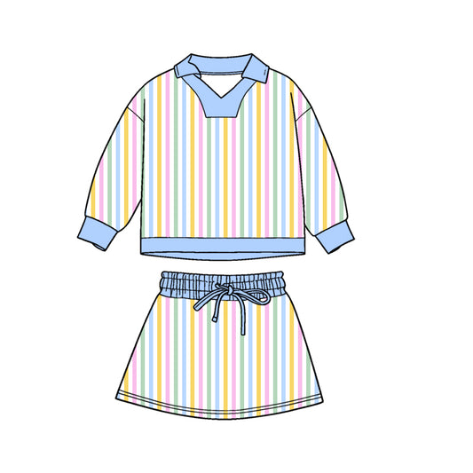 MOQ 5 preorder GLD1465 Colored Stripe Polo Long-Sleeved Skirts Girls Yoga Sets 202511