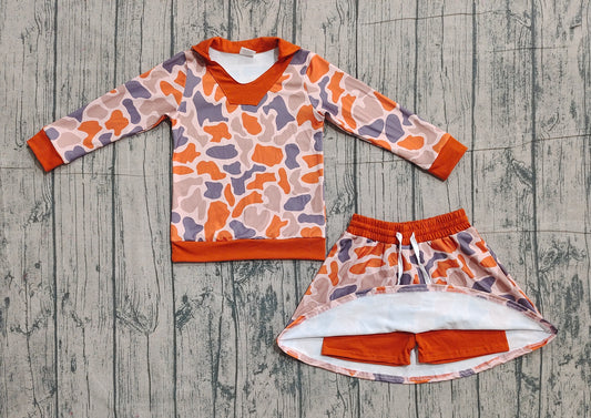 NO MOQ preorder GLD1476 Orange Camouflage Polo Long-Sleeved Skirts Girls Sets 202512