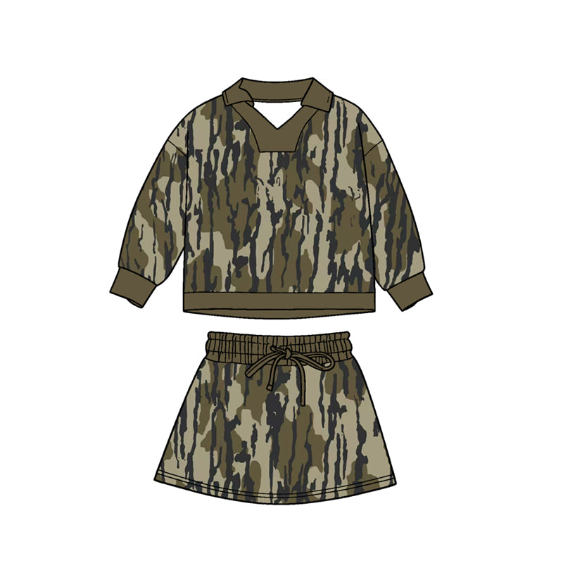 MOQ 5 PCS preorder GLD1478 Army Green Camouflage Leaf Polo Long-Sleeved Skirts Girls Sets 202511