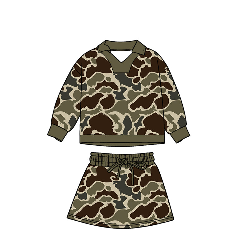 MOQ 5 PCS preorder GLD1479 Army Green Brown Camouflage Polo Long-Sleeved Skirts Girls Sets 202511