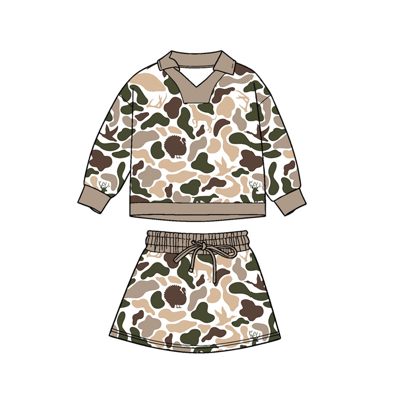 MOQ 5 PCS preorder GLD1480 Duck Hunting Beige Brown Camouflage Polo Long-Sleeved Skirts Girls Sets 202511