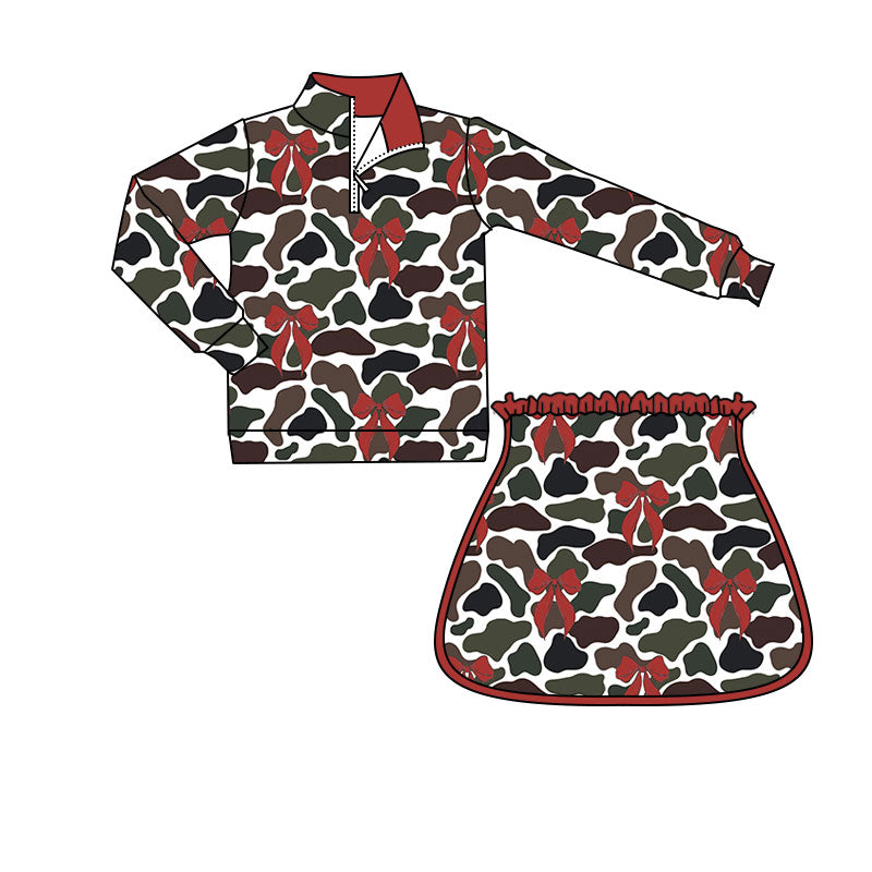 MOQ 5 PCS preorder GLD1495 Bows Camouflage Zip Collar Long-Sleeved Skirts Girls Sets 202511