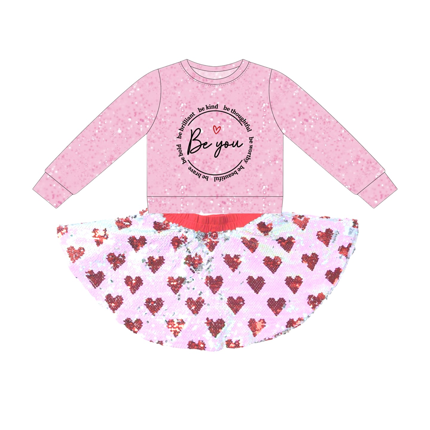 MOQ 5 PCS preorder GLD1501 Valentines Day Be you Heart Letter Pink Long-Sleeved Sequined Skirts Girls Sets 202511