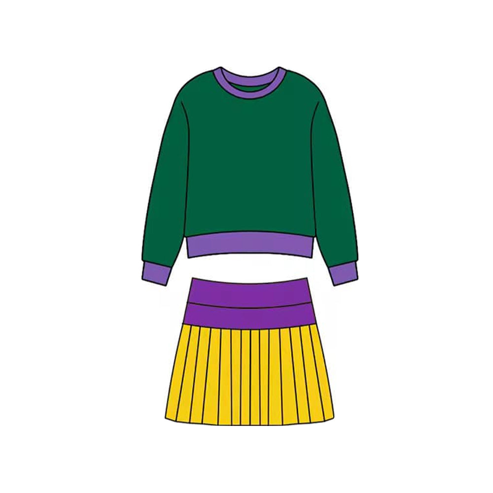MOQ 5 preorder GLD1513 Mardi Gras Long-Sleeved Pleated Skirts Girls Yoga Sets 202511