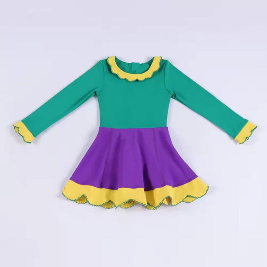 MOQ 5 PCS preorder GLD1517 Mardi Gras Yellow Green Purple Ruffle Long Sleeve Yoga Dresses for Girls 202511