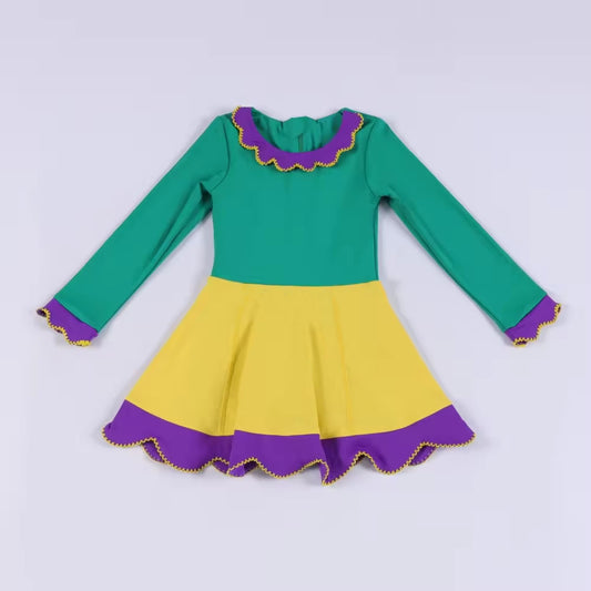 MOQ 5 PCS preorder GLD1518 Mardi Gras Yellow Green Purple Ruffle Long Sleeve Yoga Dresses for Girls 202511