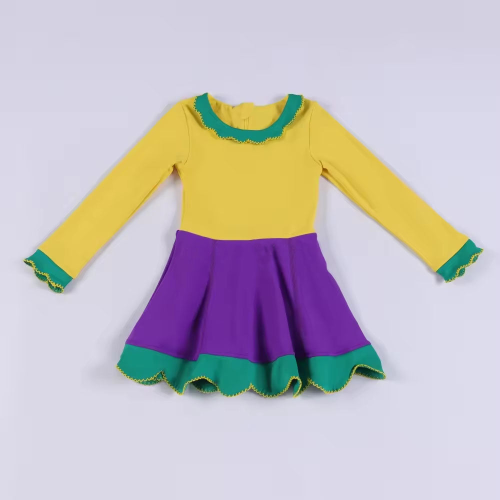 MOQ 5 PCS preorder GLD1519 Mardi Gras Yellow Green Purple Ruffle Long Sleeve Yoga Dresses for Girls 202511