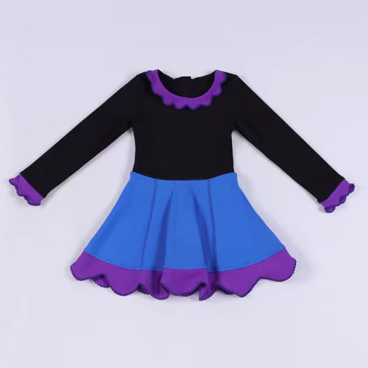 MOQ 5 PCS preorder GLD1520 Purple Ruffle Black Blue Long Sleeve Yoga Dresses for Girls 202511