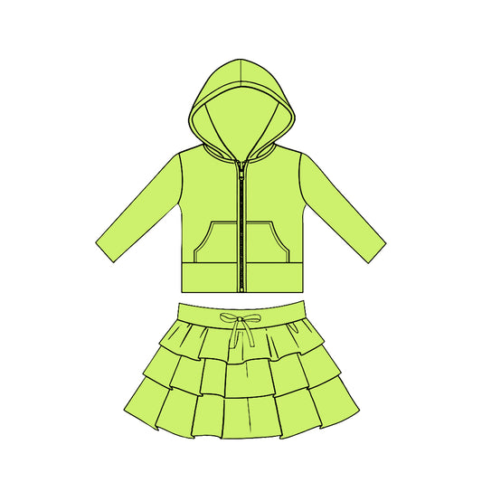 MOQ 5 preorder GLD1525 Solid Green Pocket Zipper Hooded Long Sleeve Ruffle Skirts Girls Yoga Sets 202511