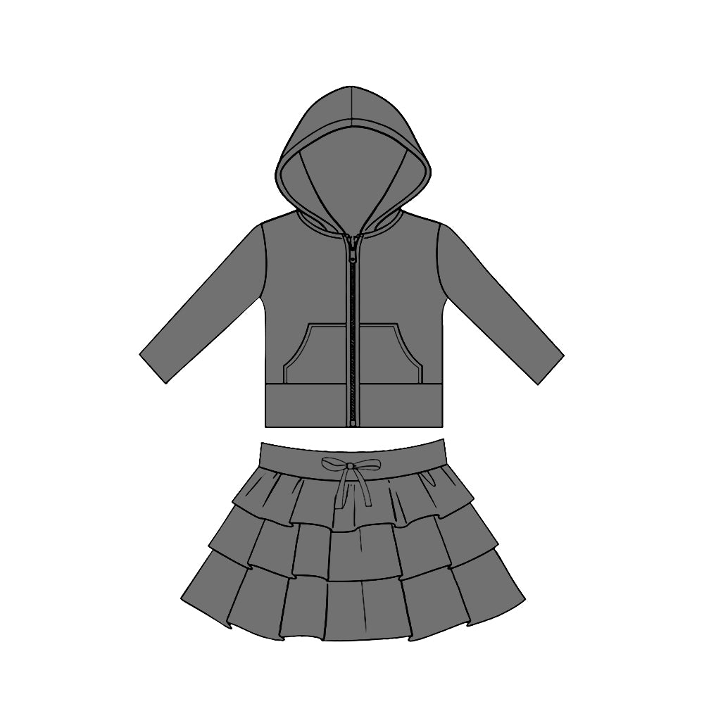MOQ 5 preorder GLD1526 Solid Gray Pocket Zipper Hooded Long Sleeve Ruffle Skirts Girls Yoga Sets 202511