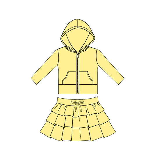MOQ 5 preorder GLD1531 Solid Yellow Pocket Zipper Hooded Long Sleeve Ruffle Skirts Girls Yoga Sets 202511