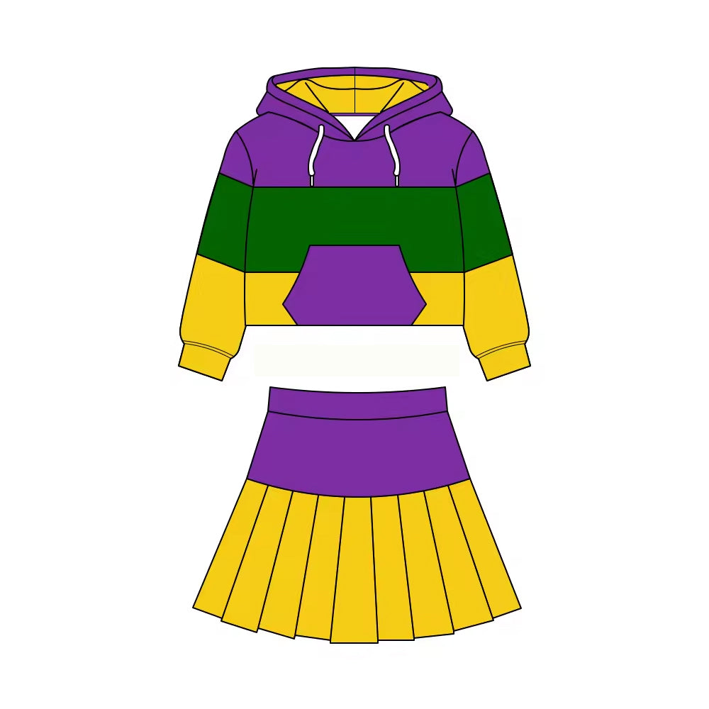 MOQ 5 preorder GLD1532 Mardi Gras Yellow Green Purple Pocket Hooded Long Sleeve Pleated Skirts Girls Yoga Sets 202511