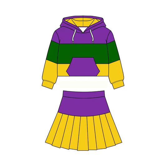 MOQ 5 preorder GLD1532 Mardi Gras Yellow Green Purple Pocket Hooded Long Sleeve Pleated Skirts Girls Yoga Sets 202511