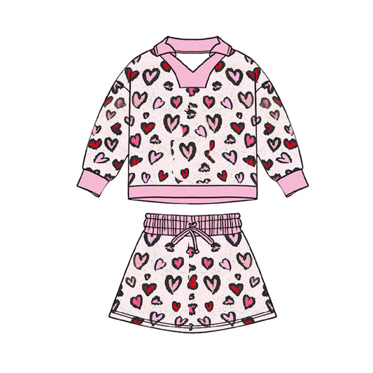 MOQ 5 preorder GLD1536 Valentines Day Love Leopard Pink Long-Sleeved Skirts Girls Sets 202511