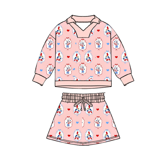 MOQ 5 preorder GLD1537 Valentines Day Flower Red Blue Love Pink Long-Sleeved Skirts Girls Sets 202511