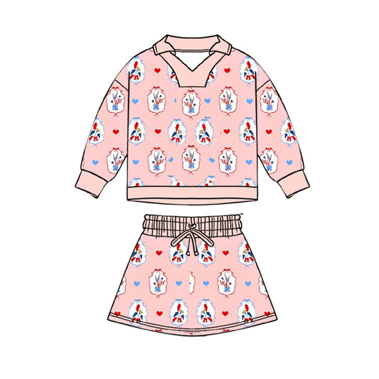 MOQ 5 preorder GLD1537 Valentines Day Flower Red Blue Love Pink Long-Sleeved Skirts Girls Sets 202511