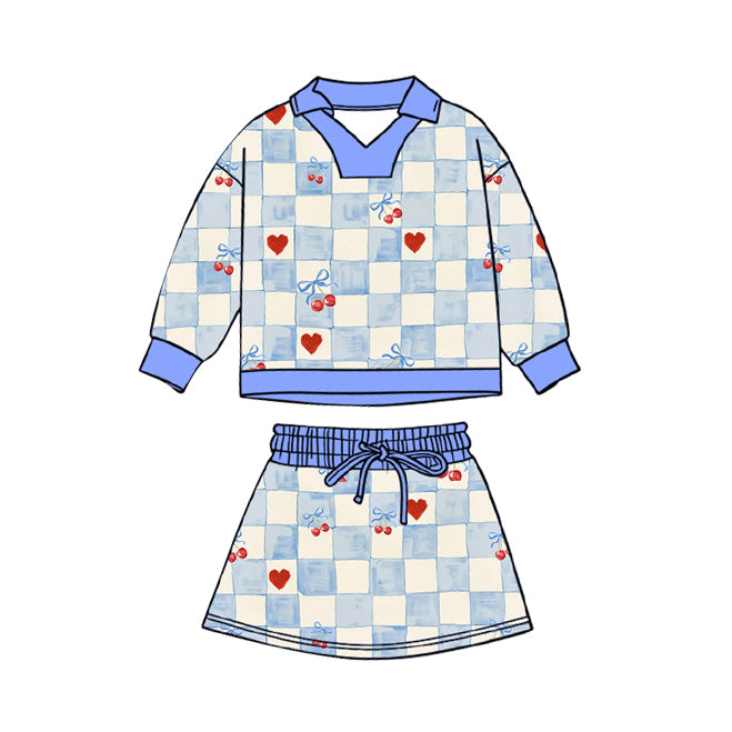 MOQ 5 preorder GLD1539 Bows Cherry Plaid Blue Long-Sleeved Skirts Girls Sets 202511