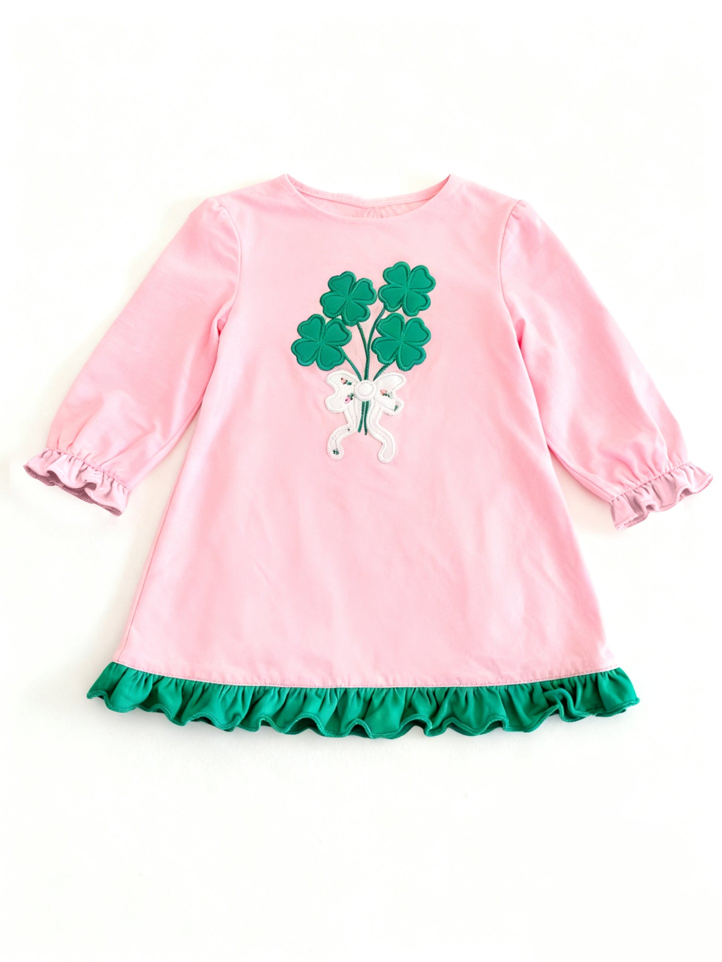 MOQ 5 PCS preorder GLD1540 St Patrick's Day Four-Leaf Bow Green Ruffle Pink Long Sleeve Dresses for Girls 202511