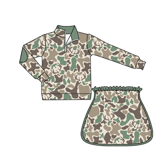 MOQ 5 preorder GLD1544 Deer Hunting Gray Brown Green Camouflage Zip Collar Long Sleeve Skirts Girls Sets 202511