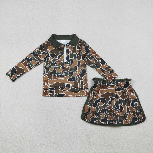 GLD1547 Brown Green Camouflage Zip Collar Long Sleeve Skirts Girls Sets 202601 RTS