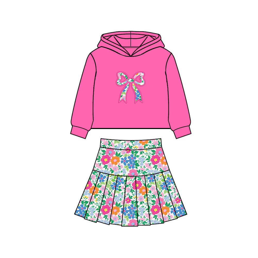 MOQ 5 preorder GLD1549 Flower Bow Rose Red Hooded Long Sleeve Pleated Skirts for Girls Yoga Sets 202511
