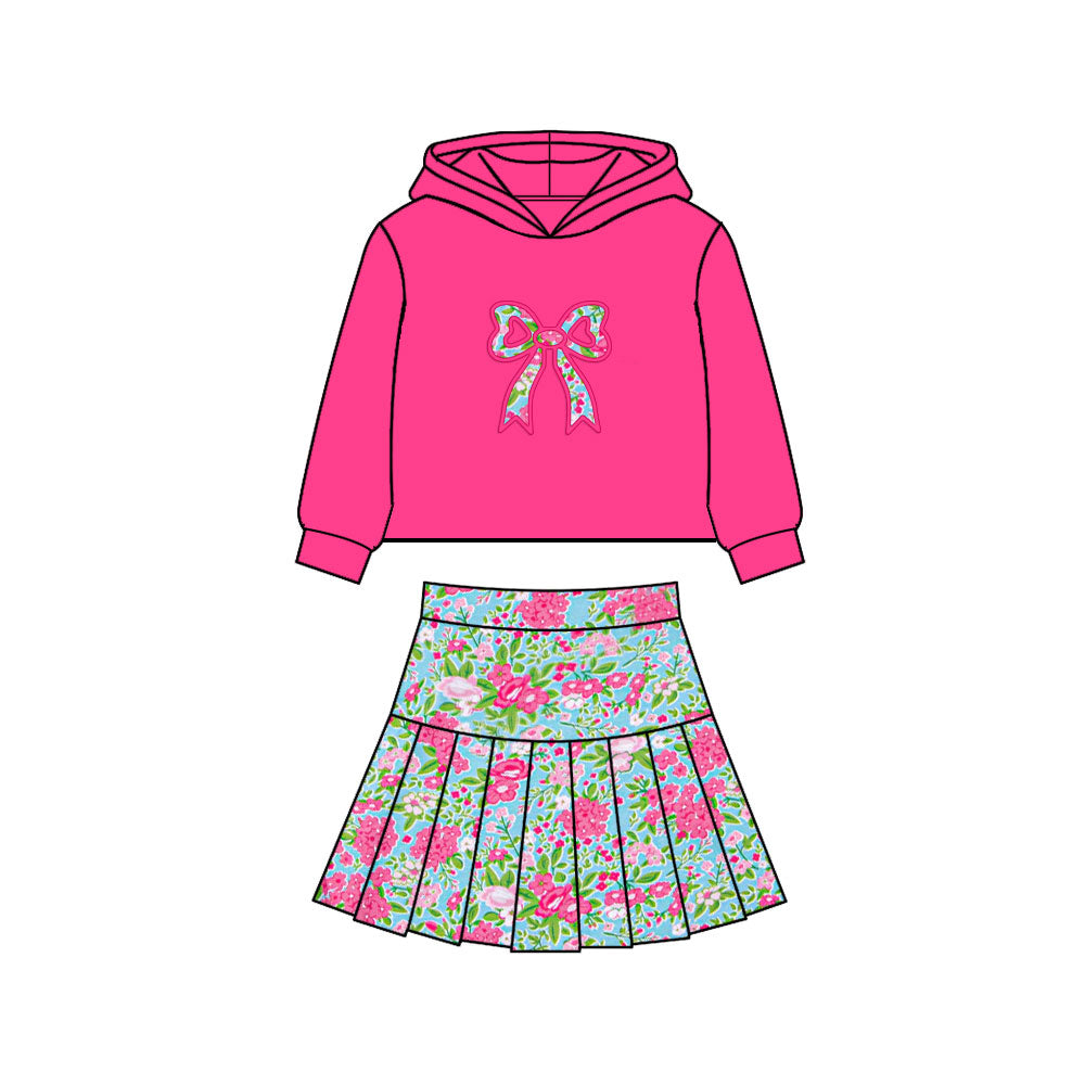 MOQ 5 preorder GLD1550 Flower Bow Rose Red Hooded Long Sleeve Light Blue Pleated Skirts for Girls Yoga Sets 202511