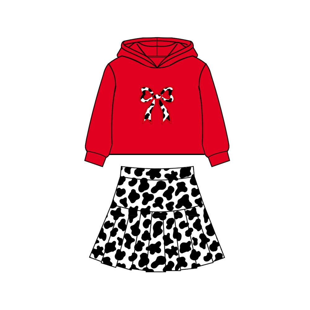 MOQ 5 preorder GLD1551 Cow Print Bow Red Hooded Long Sleeve Pleated Skirts for Girls Yoga Sets 202511