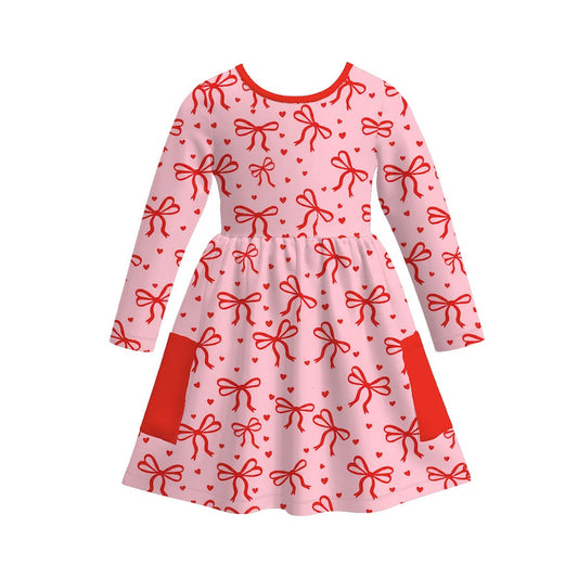 MOQ 5 PCS preorder GLD1556 Valentines Day Bows Love Red Pocket Long Sleeve Dresses for Girls 202511