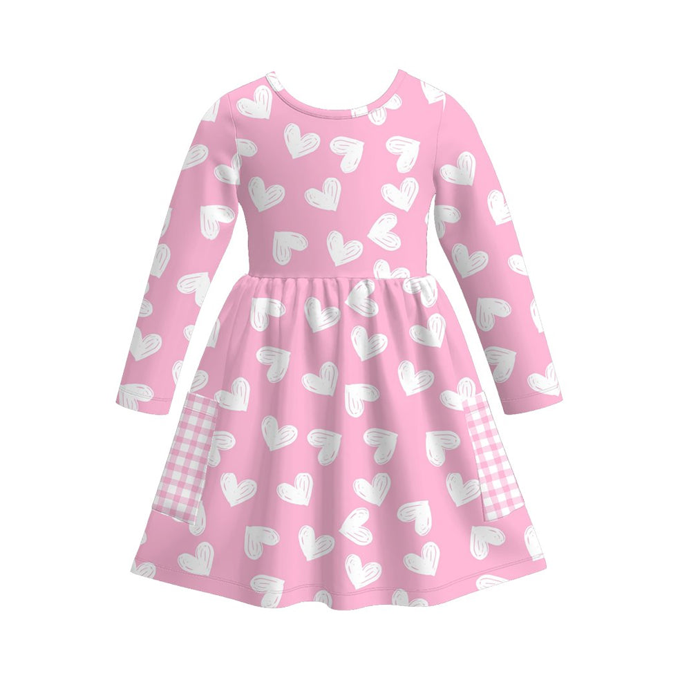 MOQ 5 PCS preorder GLD1557 Valentines Day Love Pink Plaid Pocket Long Sleeve Dresses for Girls 202511