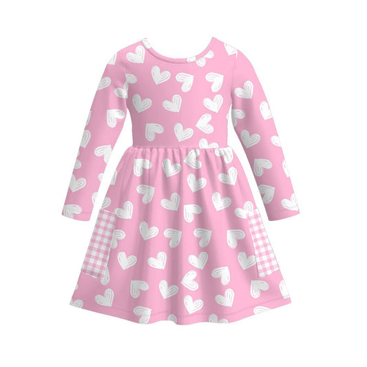 MOQ 5 PCS preorder GLD1557 Valentines Day Love Pink Plaid Pocket Long Sleeve Dresses for Girls 202511