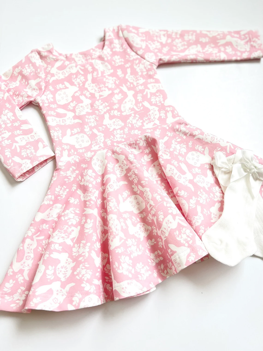 MOQ 5 PCS preorder GLD1558 Easter Bunny Flower Pink Long Sleeve Dresses for Girls 202511
