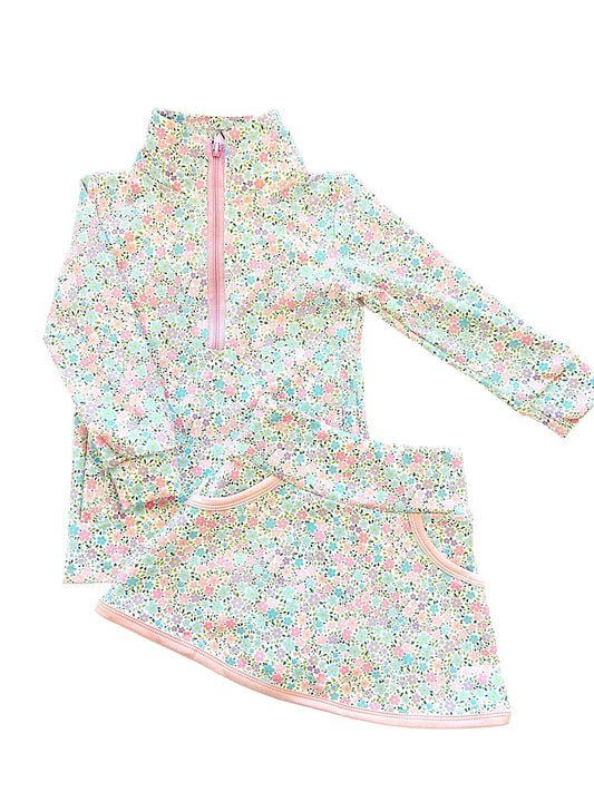 MOQ 5 PCS preorder GLD1559 Floral Pink Zip Collar Long Sleeve Skirts for Girls Sets 202512