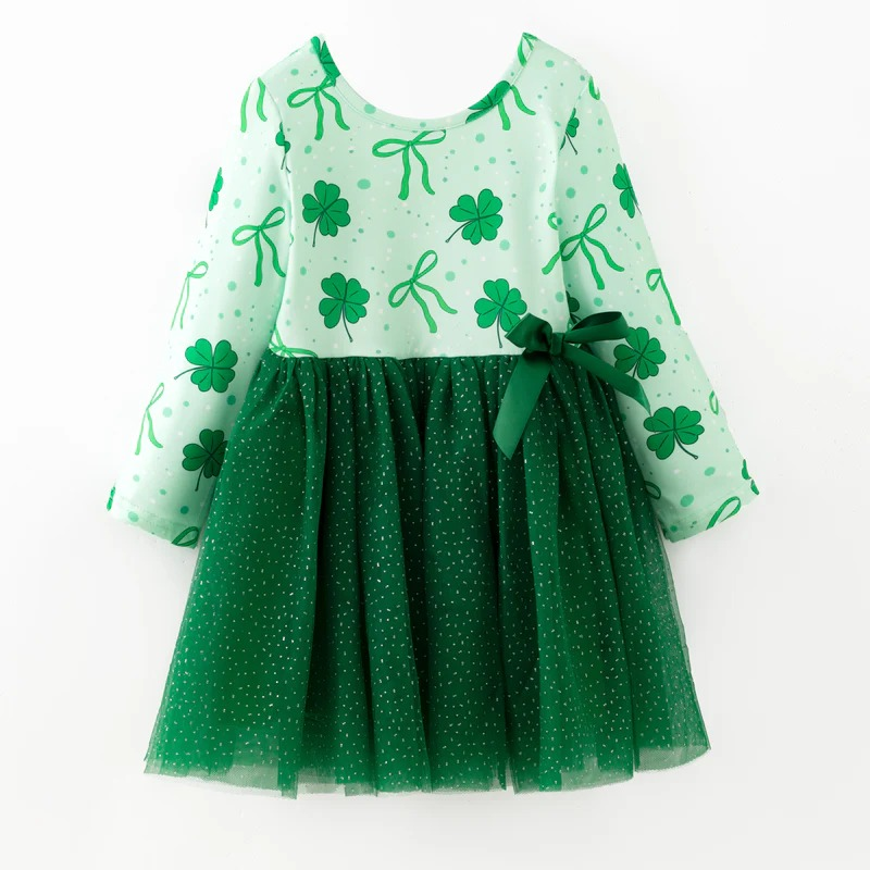 MOQ 5 PCS preorder GLD1561 St Patrick's Day Bows Four-Leaf Clover Green Tulle Long Sleeve Dresses for Girls 202512